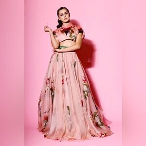 NWT Mahima Mahajan Blush Pink Floral Organza Legenga Skirt XL